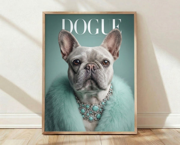 Pop art framed poster of a stylish French Bulldog wearing a fur stole and jewelry, rendered in seafoam green, turquoise, and rose gold tones against a cream background.