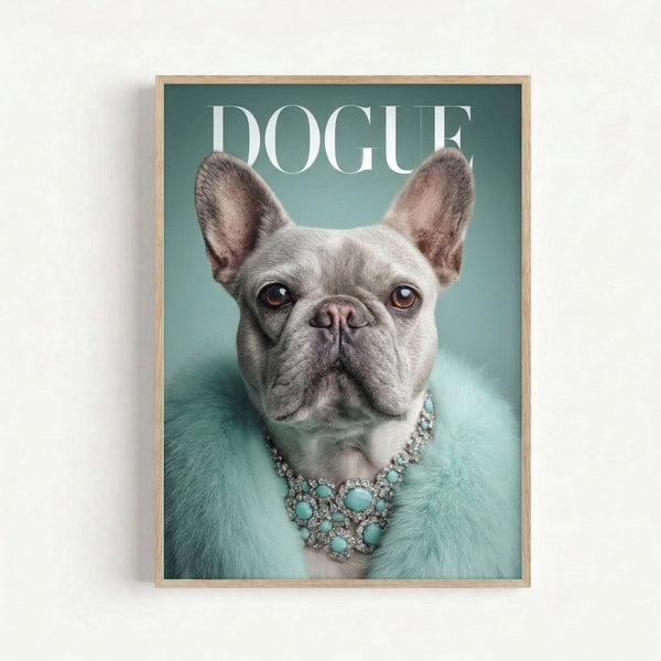 Modern fashion-inspired wall art print featuring a chic French Bulldog in glamorous accessories, blending whimsical humor with sophisticated pop art style in soft seafoam and rose gold hues.