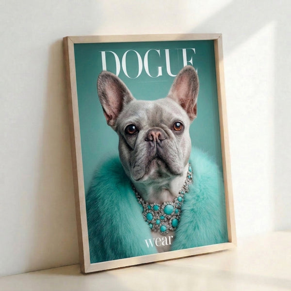 Framed poster art of a fashionable Dogue de Bordeaux adorned with jewels and a luxe fur stole, illustrated in contemporary pop art with turquoise, cream, and metallic accents.