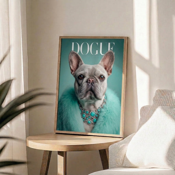 Contemporary wall poster featuring a glamorous French Bulldog in Vogue-inspired styling, complete with statement jewelry and a fur stole, rendered in playful pop art with soft turquoise and cream tones.