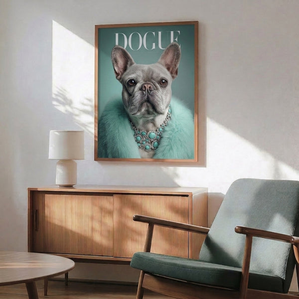Chic framed art print of a fashionably dressed French Bulldog wearing a stole and jeweled accessories, combining modern pop art aesthetics with cream, seafoam green, and rose gold coloring.