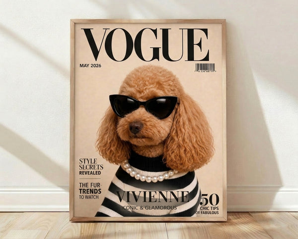 Pop art poster of a stylish poodle wearing dark sunglasses and pearl necklace against a cream and tan background, playful and chic modern wall art.