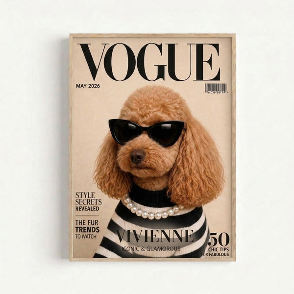 Fashionable poodle illustration in pop art style with oversized sunglasses and pearls, rendered in cream, black, and pearl white tones for contemporary home decor.