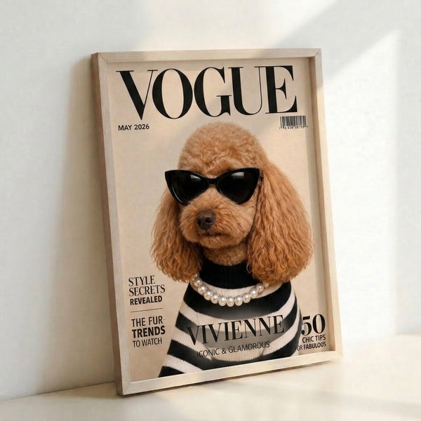Chic modern poodle art print featuring a glamorous dog in sunglasses and pearls, bold pop art style with warm cream and black color palette.
