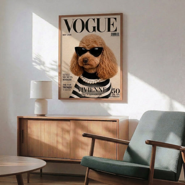 Contemporary pop art poster showcasing a fashionable poodle with sunglasses and pearls in cream, black, and white—playful, sophisticated wall art.
