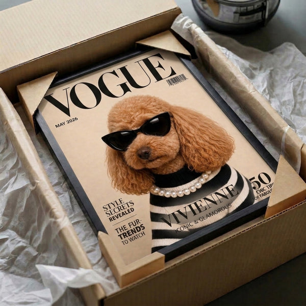 Pop art poodle poster with fashion-forward sunglasses and pearls, rendered in cream and black tones with playful modern charm for stylish interiors.