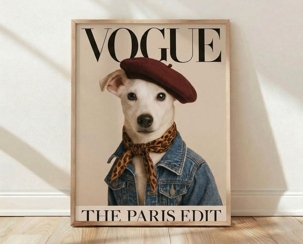 Pop art framed poster of a stylish dog wearing a beret, scarf, and denim jacket against a cream background with burgundy and leopard orange accents.
