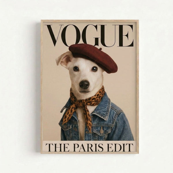 Modern retro art print featuring a chic dog in French fashion accessories, rendered in bold pop art style with denim blue, black, and warm orange tones.