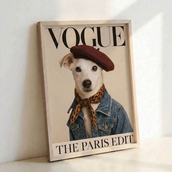 Playful pop art poster of a fashion-forward dog sporting a beret and scarf, combining sophisticated humor with vibrant cream, burgundy, and denim blue palette.