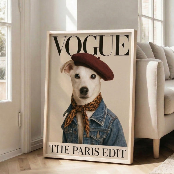 Framed contemporary pop art print of a witty, well-dressed dog in retro style, featuring denim and leopard orange hues on a neutral cream backdrop.