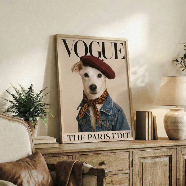 Bold pop art wall poster showcasing a charming dog in chic French-inspired outfit, blending playful attitude with sophisticated color palette of blacks, burgundy, and denim tones.