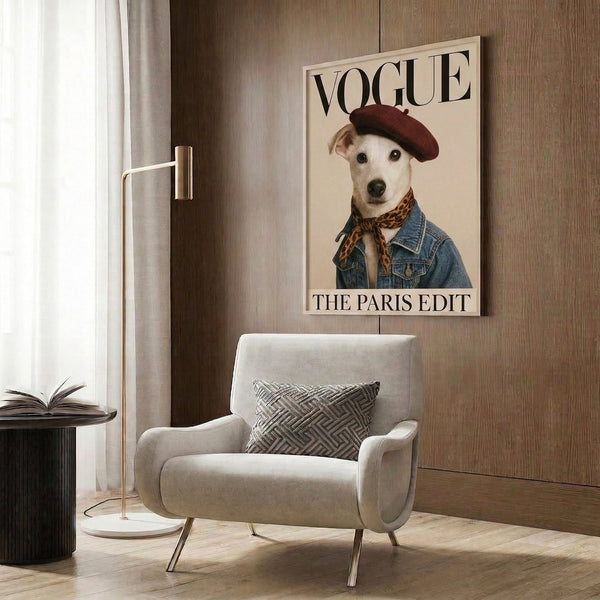 Trendy retro-pop art framed poster of a dog styled in modern fashion with beret and scarf, set against cream with striking leopard orange and burgundy accents.