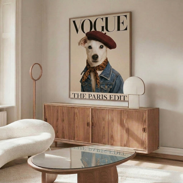Modern pop art print of a humorous, fashion-conscious dog wearing denim and French accessories, rendered in rich jewel tones and warm oranges on cream ground.