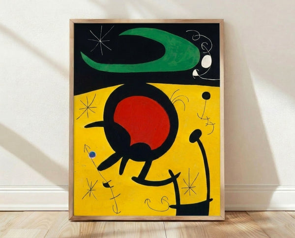 Abstract framed poster featuring playful geometric birds in flight, rendered in bold primary colors and organic shapes typical of modernist art.