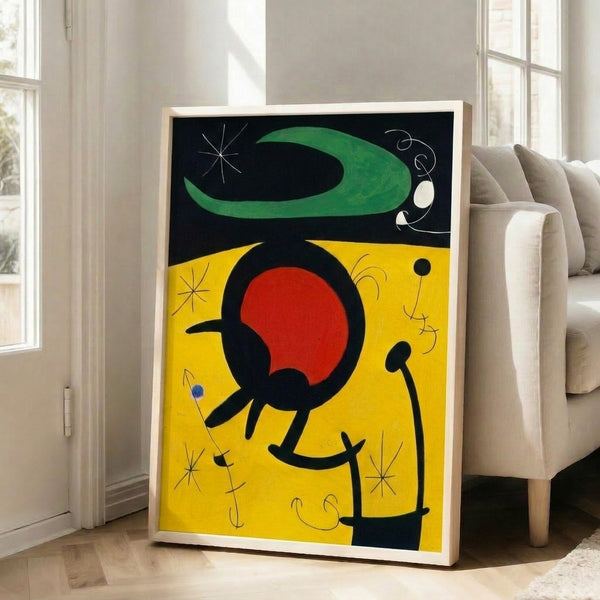 Contemporary poster featuring avant-garde bird imagery with curved and angular shapes in a striking palette of primary colors and neutral tones.