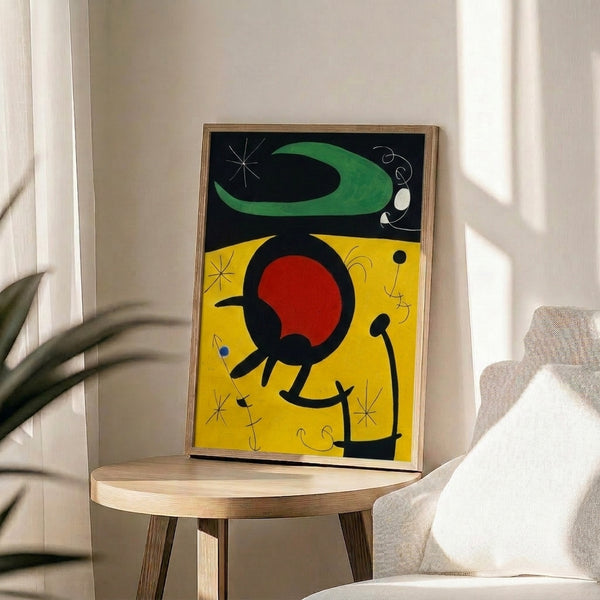 Abstract wall art presenting minimalist birds in flight using geometric abstraction and a lively mix of saturated colors.