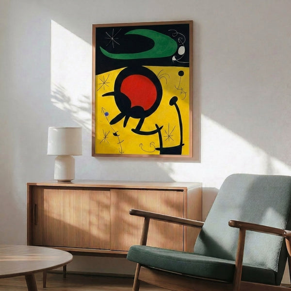 Framed modernist print of soaring birds rendered through playful abstract composition with bold shapes and vibrant color contrasts.