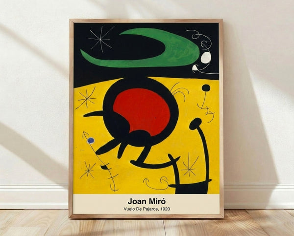 Abstract surreal composition featuring stylized birds and geometric forms in primary red, blue, and yellow with black lines and white space, evoking playful movement and whimsy.