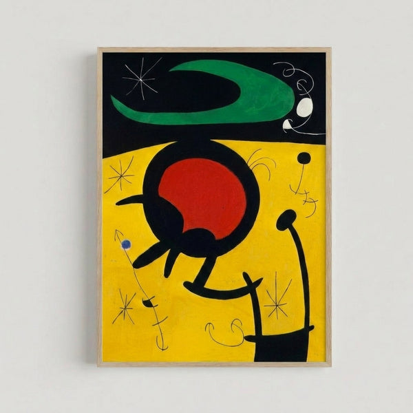 Vibrant modernist artwork with floating bird-like shapes and abstract forms rendered in bold primary colors and black outlines, creating an energetic and joyful composition.
