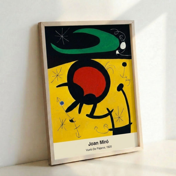 Surrealist art print displaying playful bird motifs and organic shapes in striking red, blue, yellow, and black against white, capturing a sense of lighthearted motion.