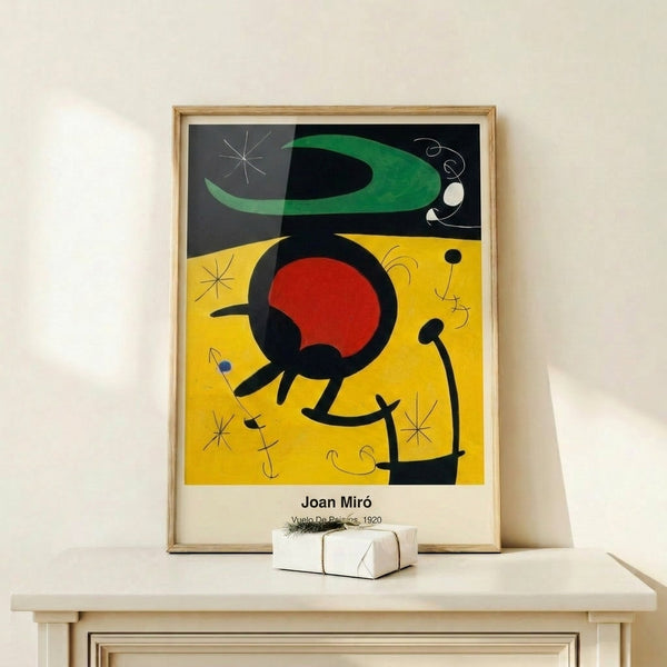 Cubist-inspired abstract piece with whimsical bird forms and geometric elements in primary hues and monochromatic tones, radiating joyful creative energy.