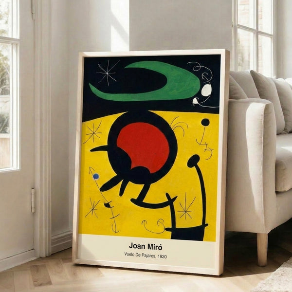 Modern surreal artwork combining abstract bird figures and dynamic shapes in vivid primary colors with bold black accents, evoking a spirited and playful mood.