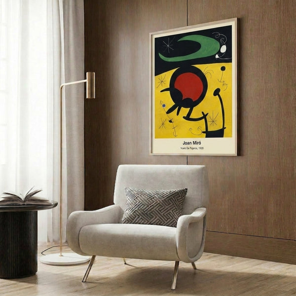 Contemporary art print showcasing surreal bird-inspired shapes and geometric forms in energetic primary colors and striking black lines, displayed as framed wall art.