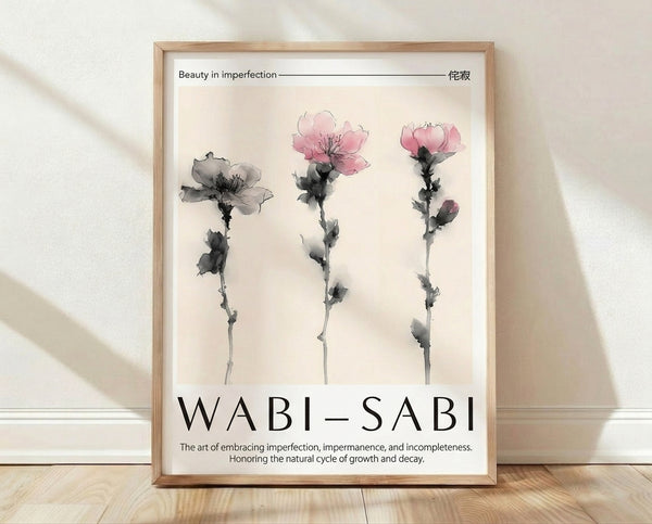 Serene watercolor painting of a single carnation with delicate petals in blush pink and charcoal gray on cream background, framed as minimalist wall art.