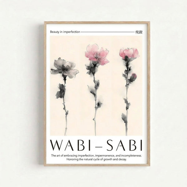 Japandi-style watercolor poster featuring soft pink flower blooms with gray stems and contemplative melancholic mood, displayed as framed botanical print.