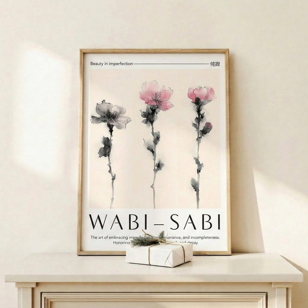 Delicate watercolor floral composition with pink petals and charcoal botanical elements in wabi-sabi aesthetic, framed wall hanging for serene spaces.
