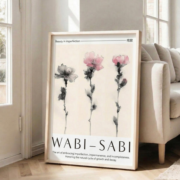 Soft watercolor study of blooming carnation with graceful stems in blush pink and gray, embodying contemplative Japanese minimalist design principles.