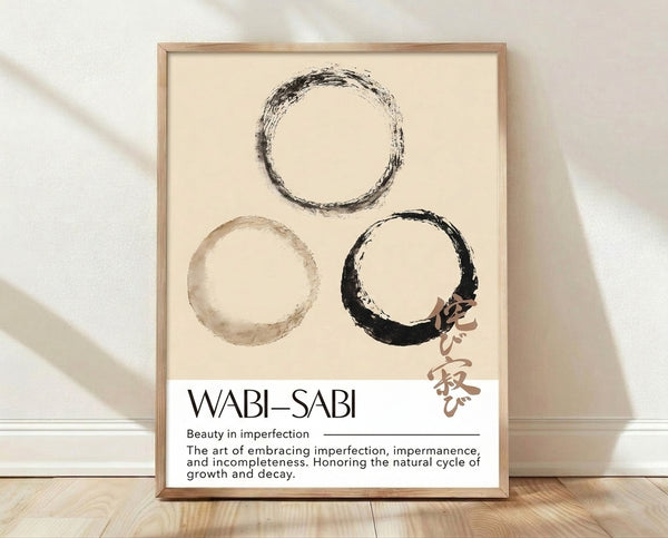 Minimalist framed poster featuring hand-painted enso circles in charcoal and taupe on cream background, embodying zen philosophy and wabi-sabi aesthetics.
