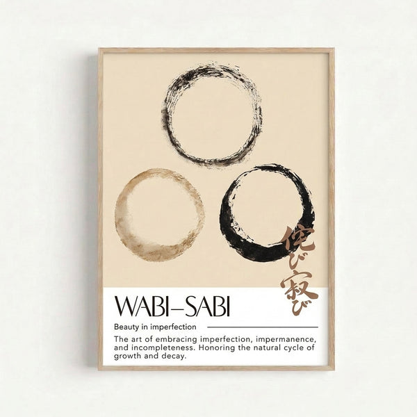 Japandi wall art print with organic brush stroke circles in warm earth tones, creating a contemplative and understated elegant modern composition.