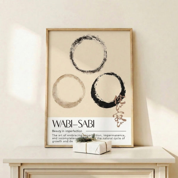 Modern framed poster displaying abstract brush strokes forming circles in taupe and charcoal, capturing the essence of wabi-sabi and meditative simplicity.