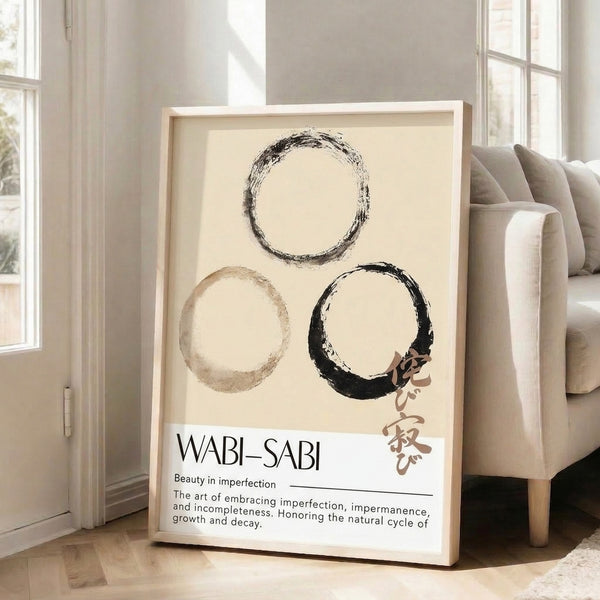 Zen garden-inspired wall hanging with hand-drawn enso motif in warm neutrals and charcoal, a contemporary take on Japanese minimalist art.