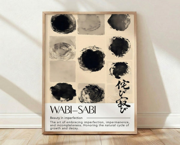Minimalist abstract poster featuring loose black ink circles and brushstrokes on a cream background, evoking Japandi zen aesthetics with a contemplative mood.