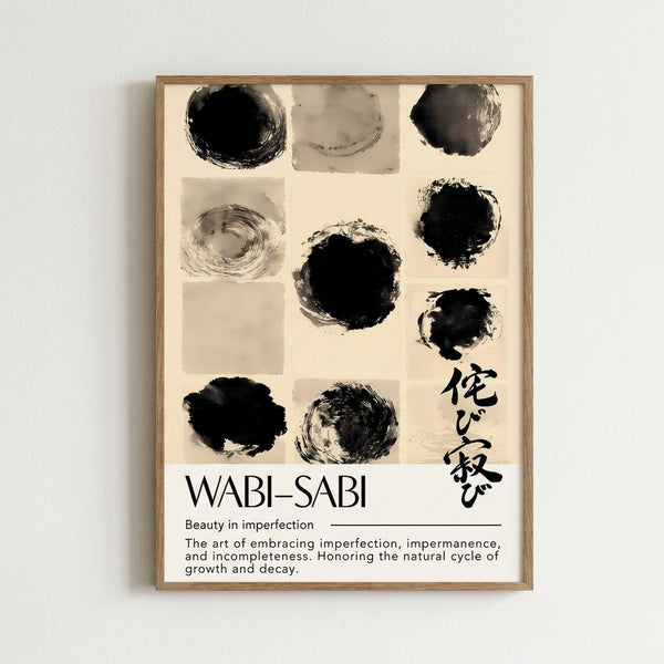 Serene framed art print displaying charcoal gray and black circular forms rendered in expressive ink style against an off-white canvas.