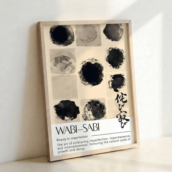 Abstract wall art showcasing organic ink brushstrokes forming circles in black and gray tones, creating an introspective, meditative atmosphere.