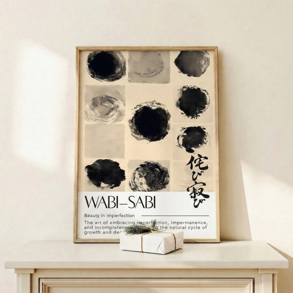 Japandi-inspired poster with minimalist black ink circles and gestural marks on a neutral cream backdrop, conveying calm and simplicity.