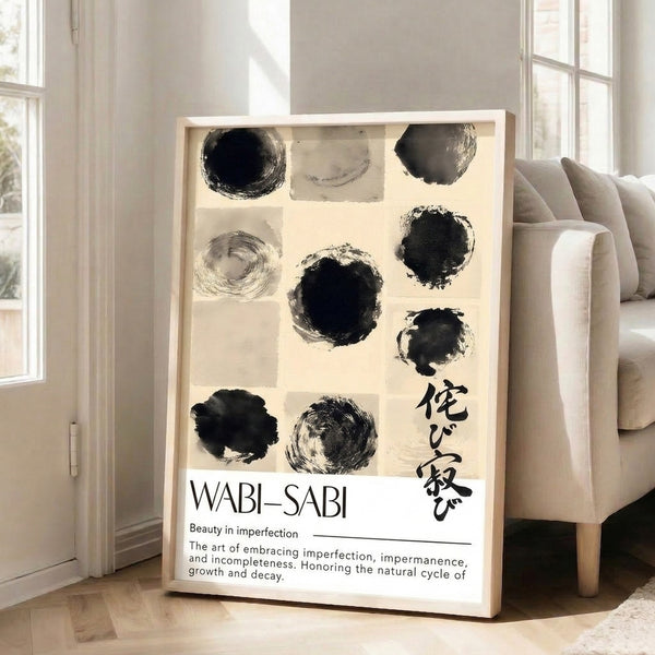 Zen-inspired framed print featuring loose, fluid black brushstrokes arranged as abstract circles on a soft off-white surface.