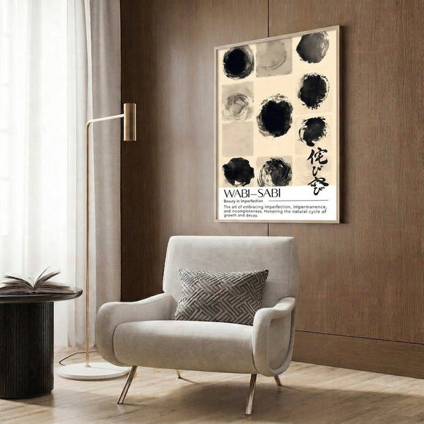 Serene ink painting-style poster displaying gestural black circles and brushwork on a neutral background, ideal for zen-inspired interiors.