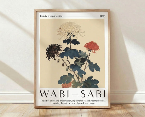 Serene chrysanthemum botanical study in deep indigo and coral red with cream background, framed minimalist Japanese woodblock-inspired poster.