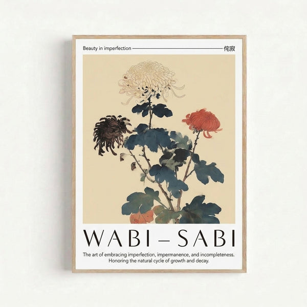 Muted teal and soft brown chrysanthemum illustration with contemplative mood, Japandi-style framed art print featuring delicate stem and leaves.