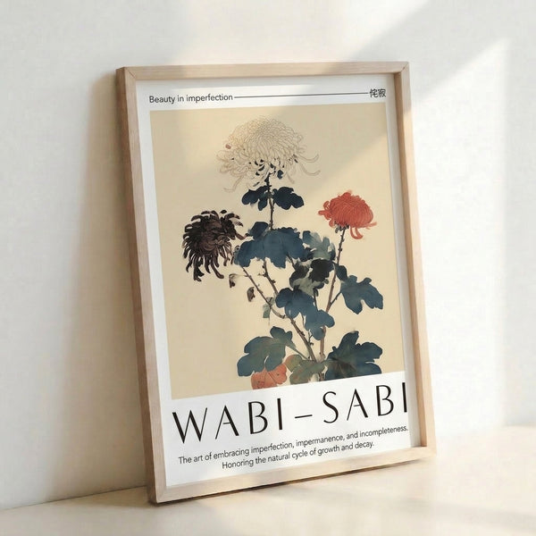 Minimalist Japanese flower study of a chrysanthemum in cream, indigo, and coral tones, celebrating wabi-sabi aesthetic of impermanence.