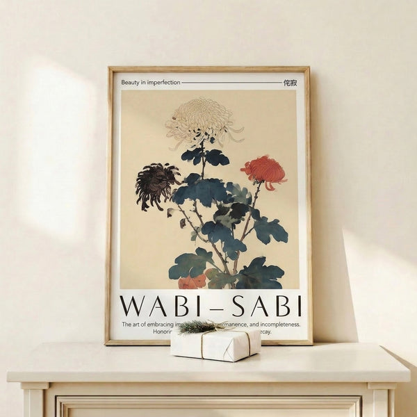 Framed botanical poster depicting a single chrysanthemum blossom in muted earth tones and deep indigo, serene Japandi wall art.