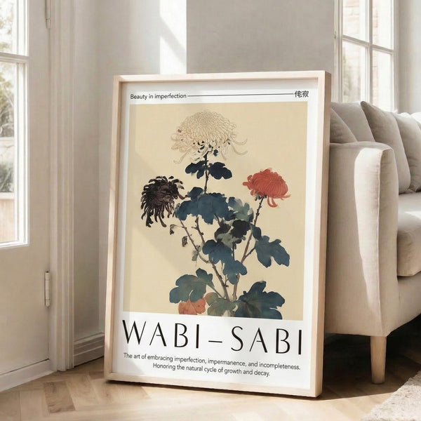 Zen-inspired chrysanthemum painting with soft brown stem and layered petals in coral and teal, minimalist framed art print.