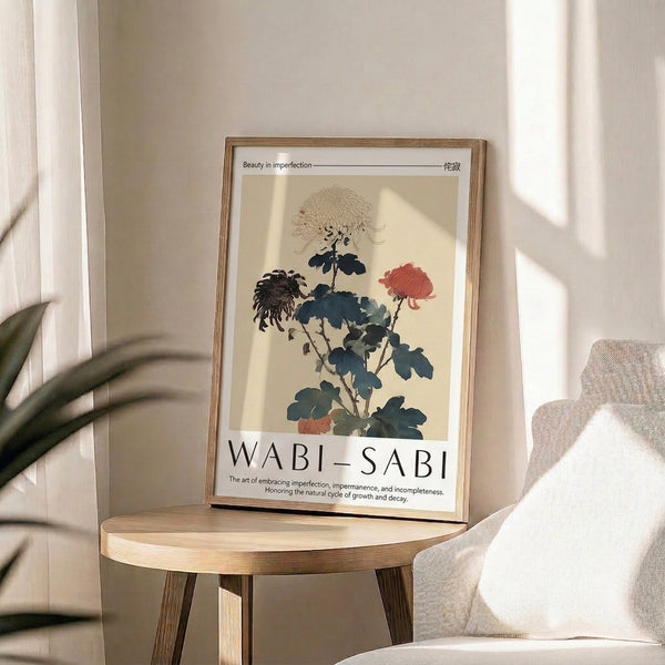 Japanese woodblock style chrysanthemum with contemplative mood, featuring cream ground, deep indigo shadows, and coral accents in framed poster format.