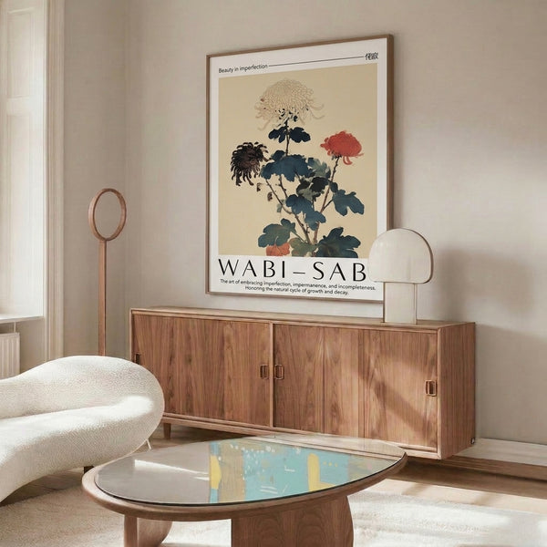 Wabi-sabi chrysanthemum botanical artwork with flowing stem and delicate leaves rendered in muted palette of indigo, coral, teal, and cream.