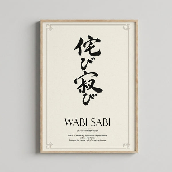 Beige and black framed art print featuring elegant Asian characters in a contemplative minimalist composition.