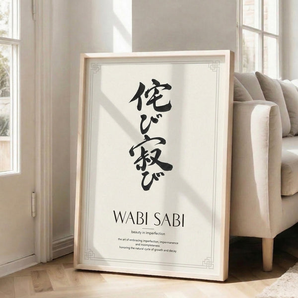 Japandi style poster displaying meditative calligraphic characters in black and cream tones, perfect for philosophical home decor.